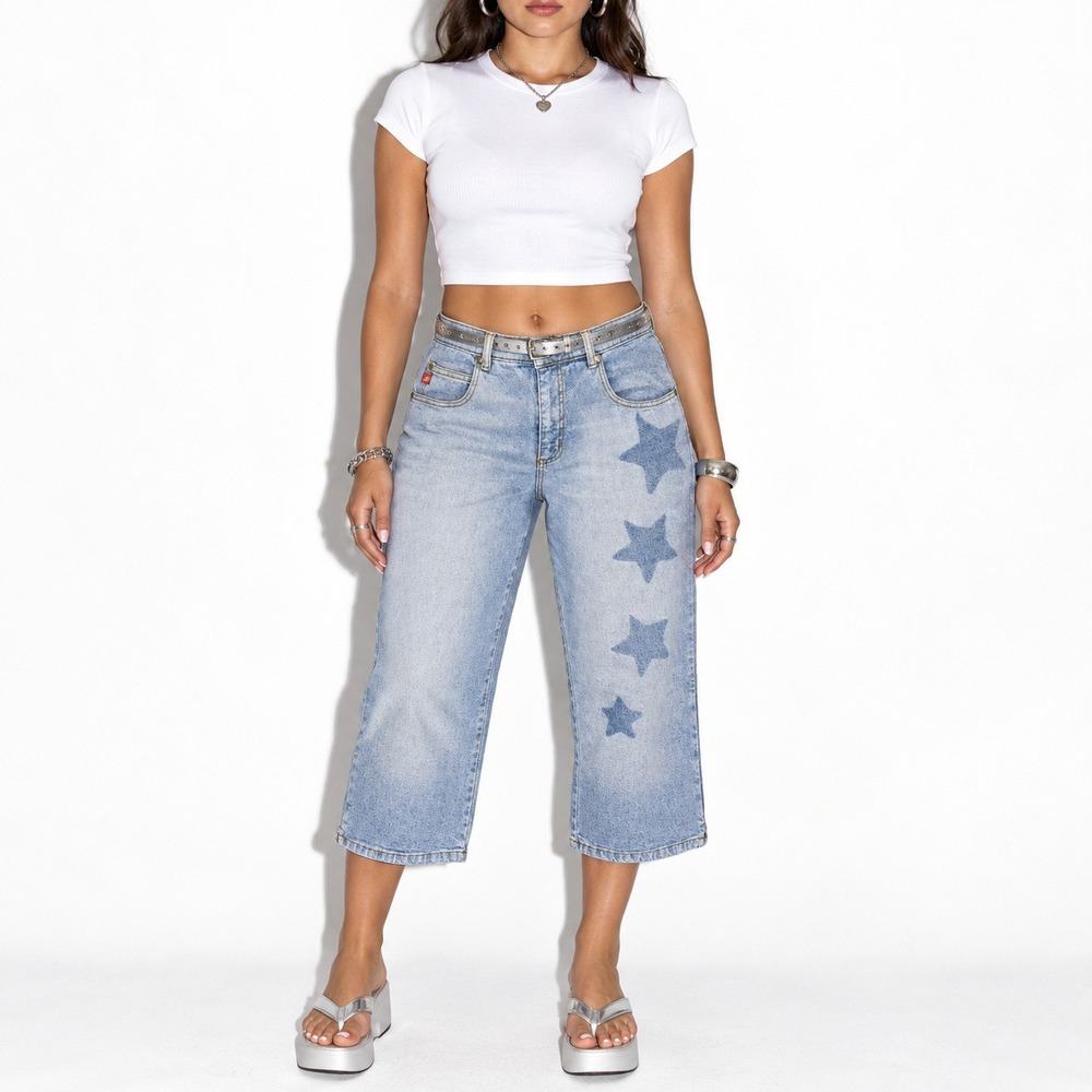 00s Vintage Star Print Capris Jeans Womens 12 Y2k Americana Blues Cropped Denim
